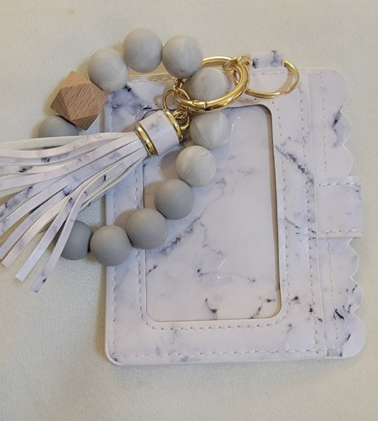 Wristlet Key Chain with Wallet - White and Grey Marble