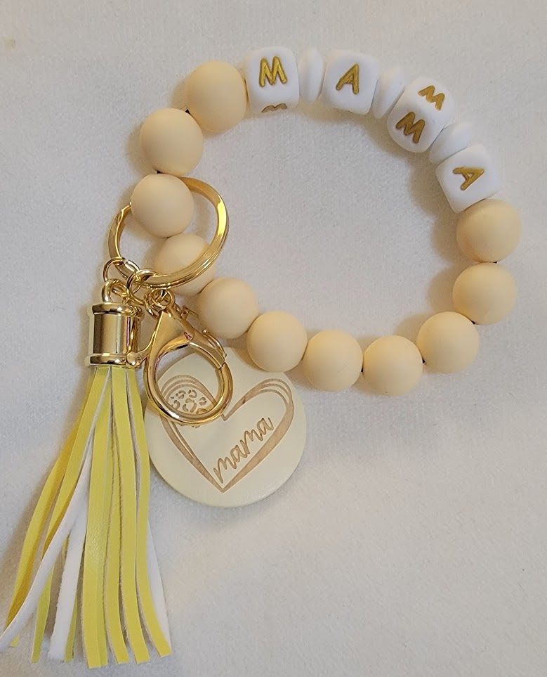 "Mama" Wristlet Keychain with Wooden Pendant - multiple styles