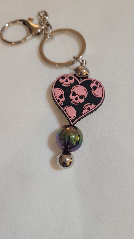 Beaded Bar Keychain - Pink Skull