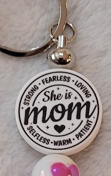 "She is Mom" Beaded Bar Keychain