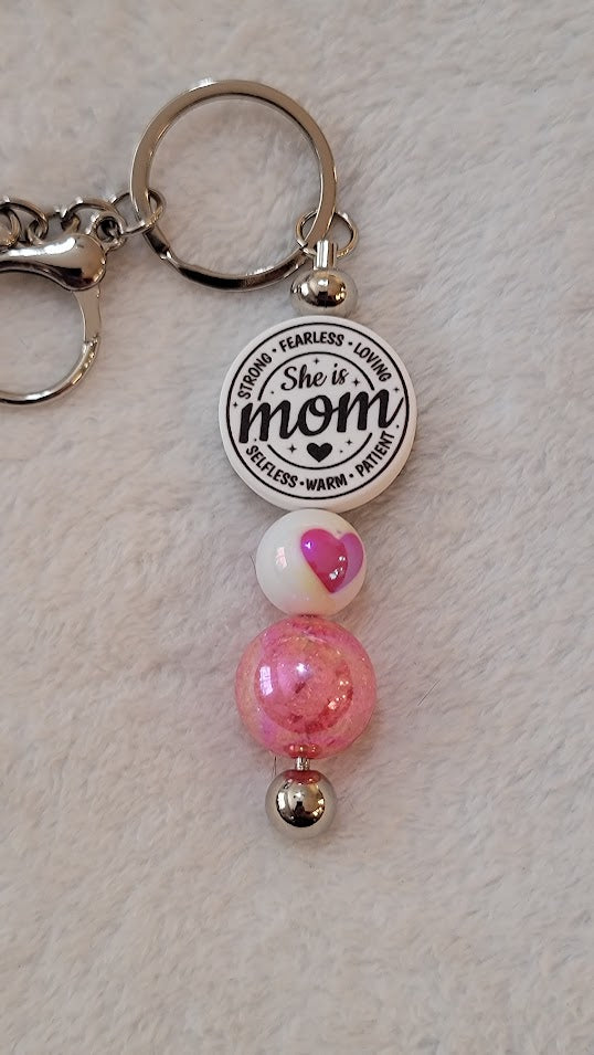 "She is Mom" Beaded Bar Keychain