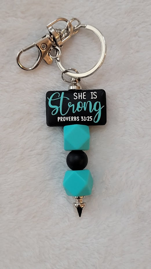 Beaded Bar Keychain - "She is Strong"