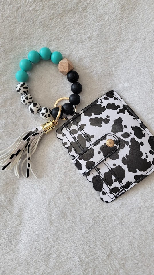 Wristlet Key Chain with Wallet - Cow Print