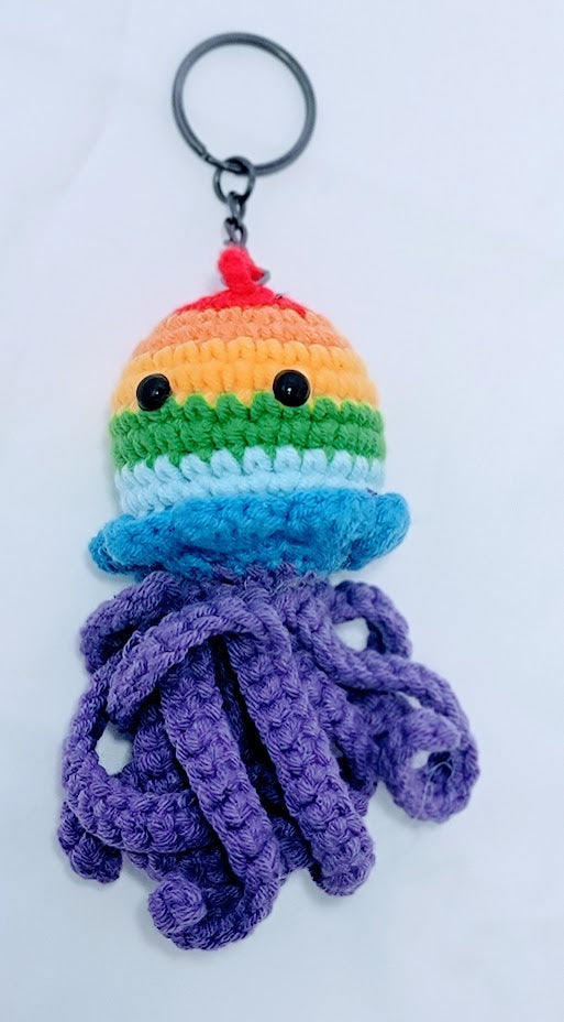 Crochet Rainbow Octopus Keychain