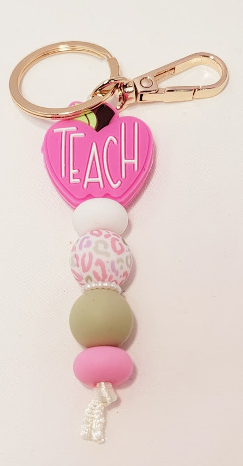 Pink Apple Heart "Teach" Keychain