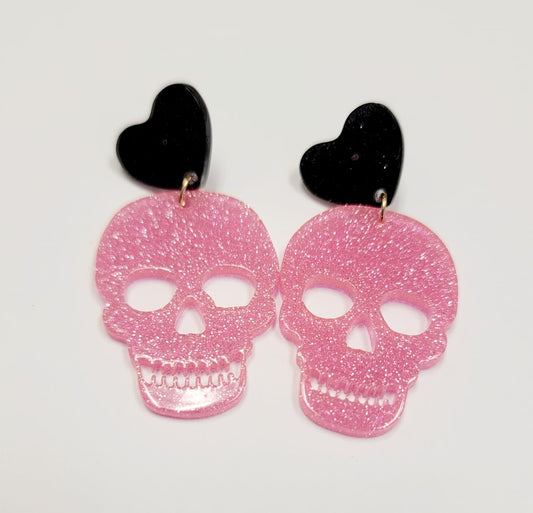 Pink Skull Black Heart Earrings