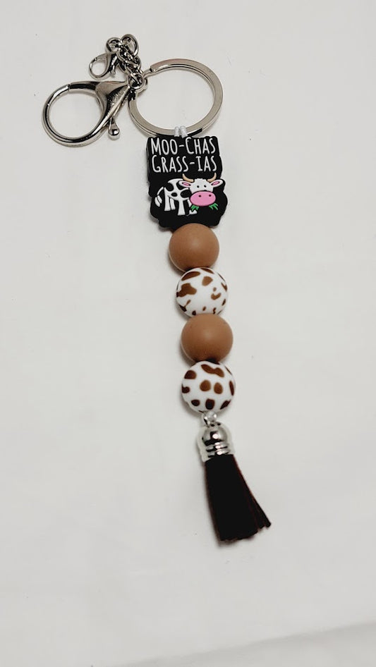 "Moo-Chas Grass-Ias" Cow Beaded Keychain